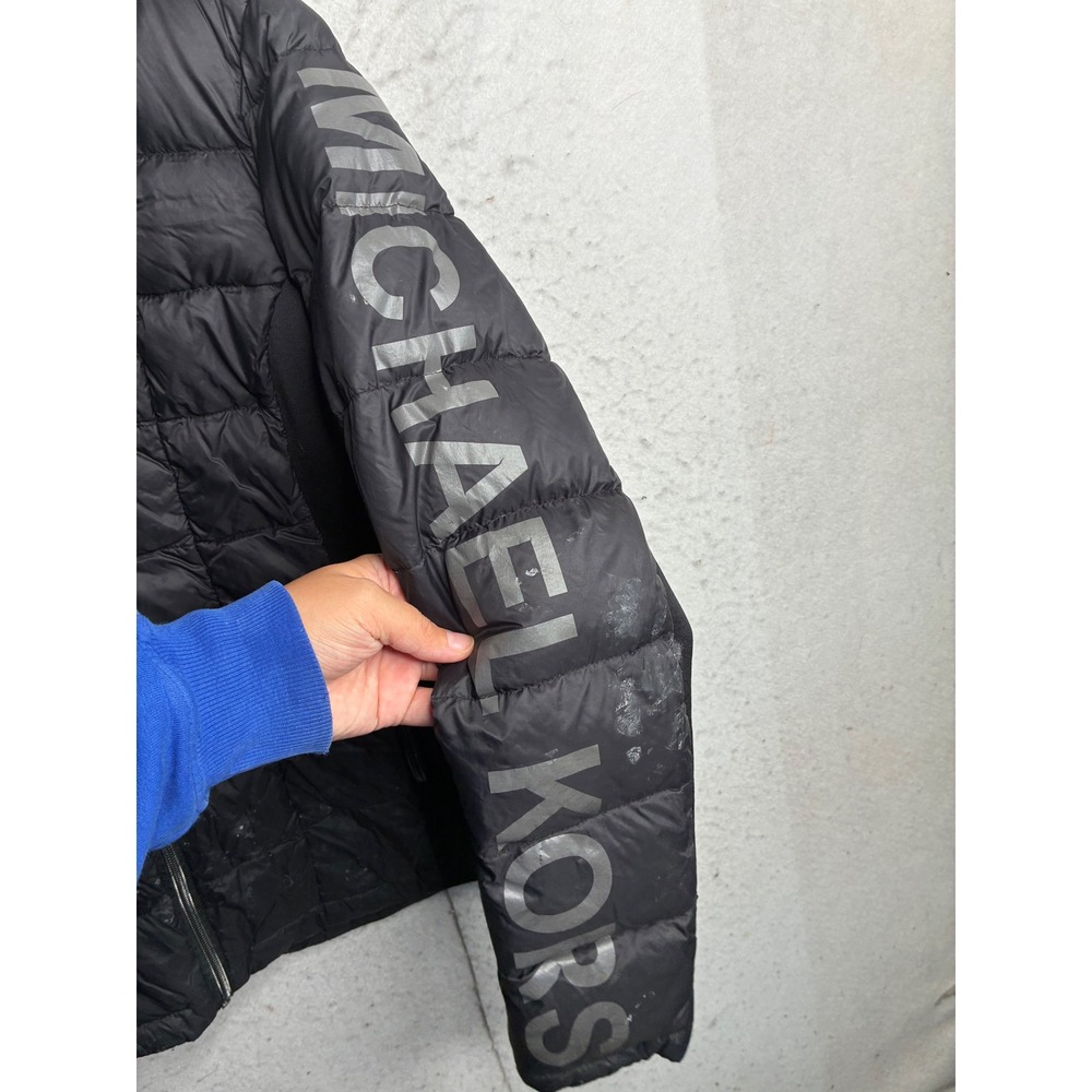 Michael Michael Kors Black Down Puffer Jacket Logo Sleeve Small Funnel Neck - Picture 2 of 13